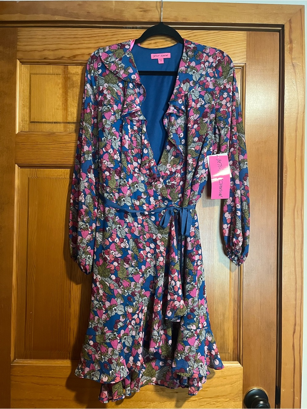 Betsey Johnson Size 10 Blue Pink Floral Print Wrap Style Ruffle Dress Y2K